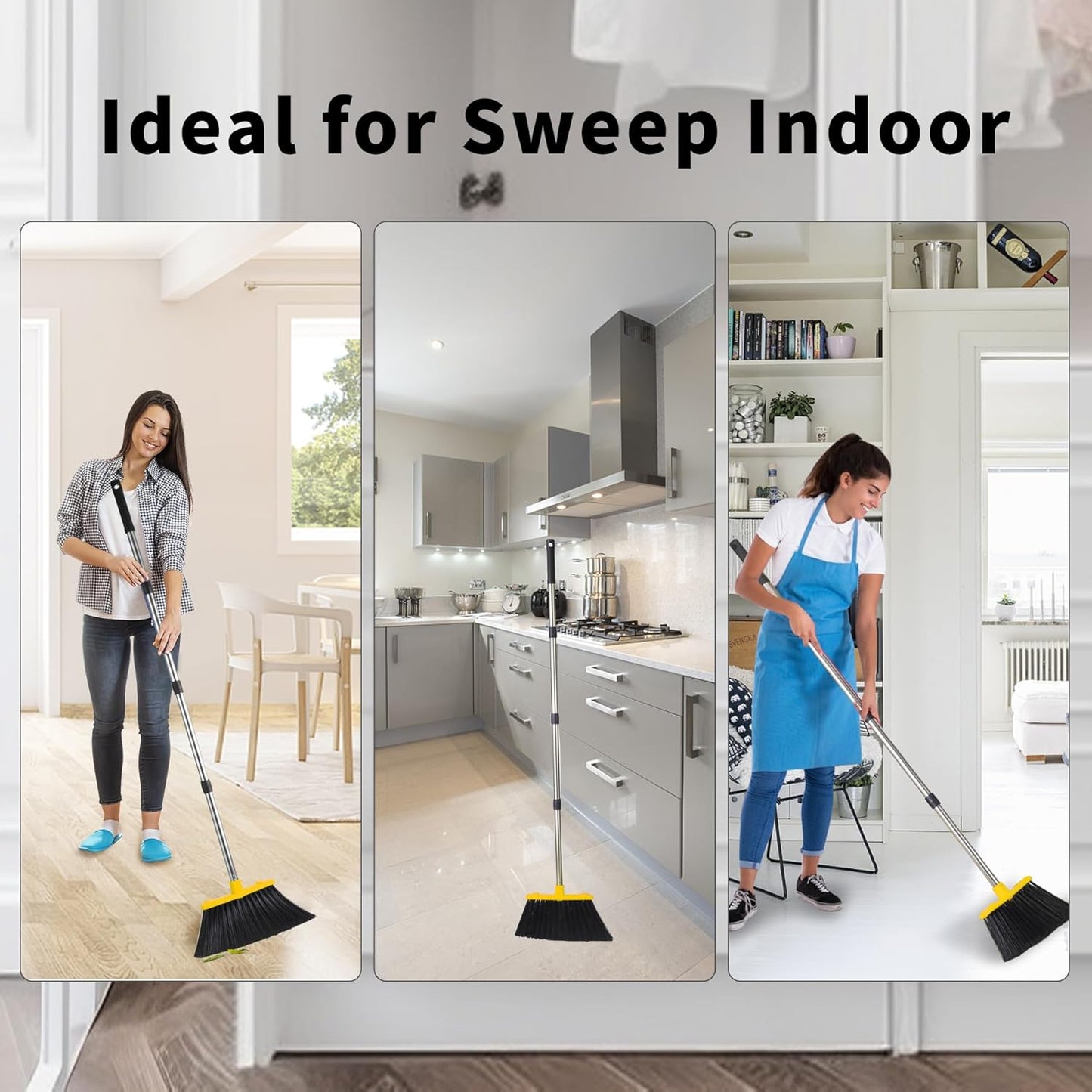 Broom with Dustpan Combo Set, Brooms and Dustpans Sets with 51'' Long Handle, Large Dust Pan and Broom, Self-Cleaning Dustpan Teeth for Lobby Kitchen Office - Black and Yellow