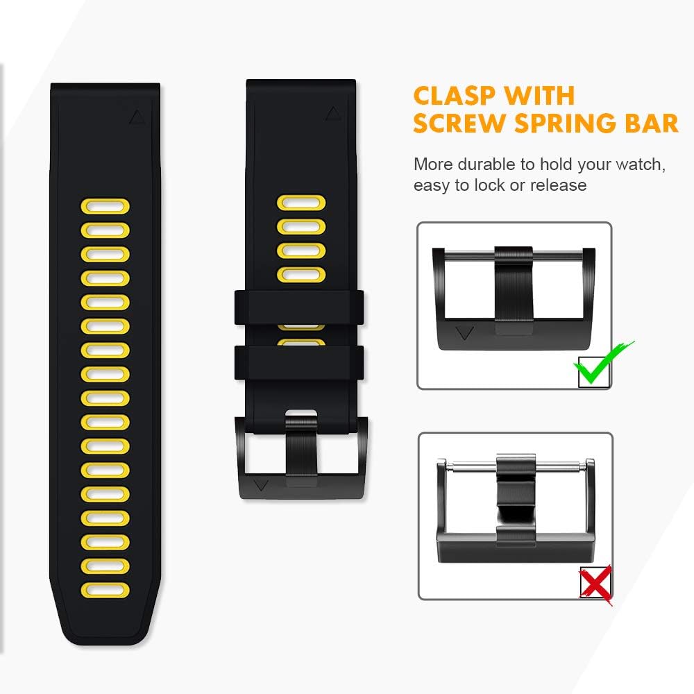 Compatible with Fenix 6X Watchbands Silicone Sport Watch Strap for Fenix 5X/5X Plus/Fenix 6X Pro/Fenix 7X/Fenix 3/Fenix 3 HR/Tactix/Descent MK1/D2 Delta PX/D2 Charlie Smartwatch(Black-Yellow)