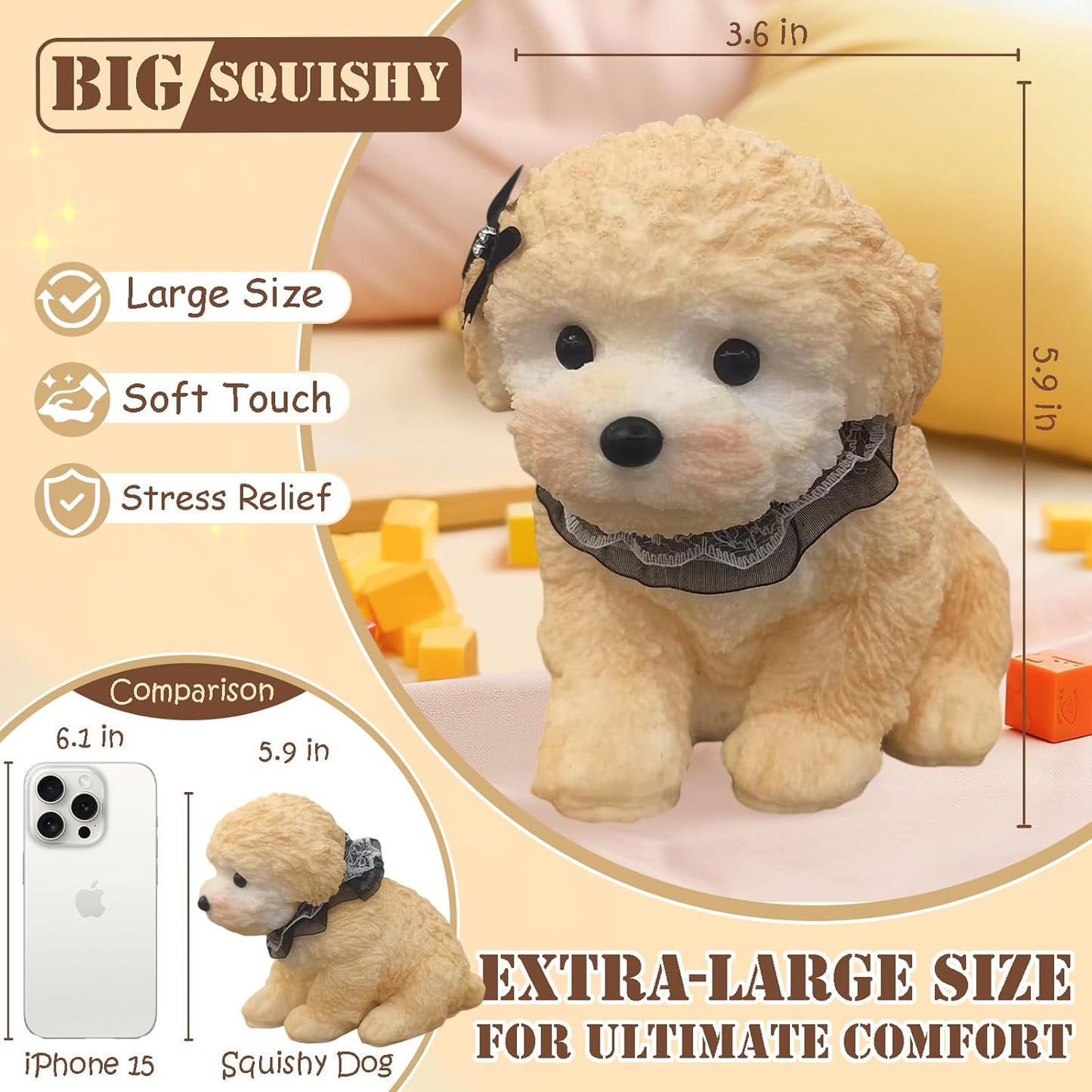 Big Taba Squishy Dog, Extra-Large Size Squishy Dog Stress Relief Toy for Adult/Kids, Cute & Soft Teddy Dog Design, Perfect Squeeze Toys Gift for Relaxation and Fun, Easter Basket fillers (Yellow-C)