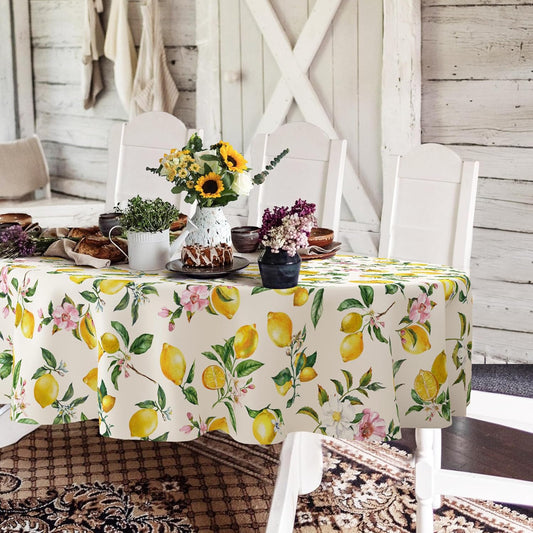 Yighty Oval Lemon Floral Tablecloth 60x84inch,Yellow Lemon Watercolor Floral Table Cloth,Waterproof Wrinkle Resistant Tablecloth, Spring Summer Decoration for Holiday Kitchen Dining Room