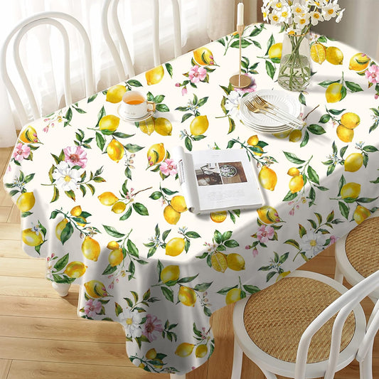 Yighty Oval Lemon Floral Tablecloth 60x84inch,Yellow Lemon Watercolor Floral Table Cloth,Waterproof Wrinkle Resistant Tablecloth, Spring Summer Decoration for Holiday Kitchen Dining Room