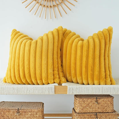Faux Fur Plush Throw Pillow Covers, Mustard Yellow, 22 x 22-Inch | Pack of 2, Couch Cushion Case, Soft Pillowcases, Decorative