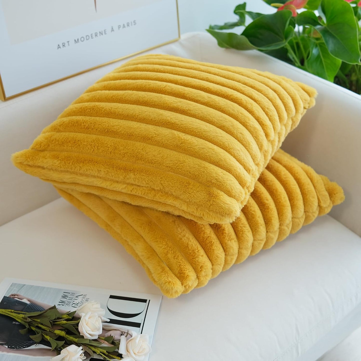 Faux Fur Plush Throw Pillow Covers, Mustard Yellow, 22 x 22-Inch | Pack of 2, Couch Cushion Case, Soft Pillowcases, Decorative