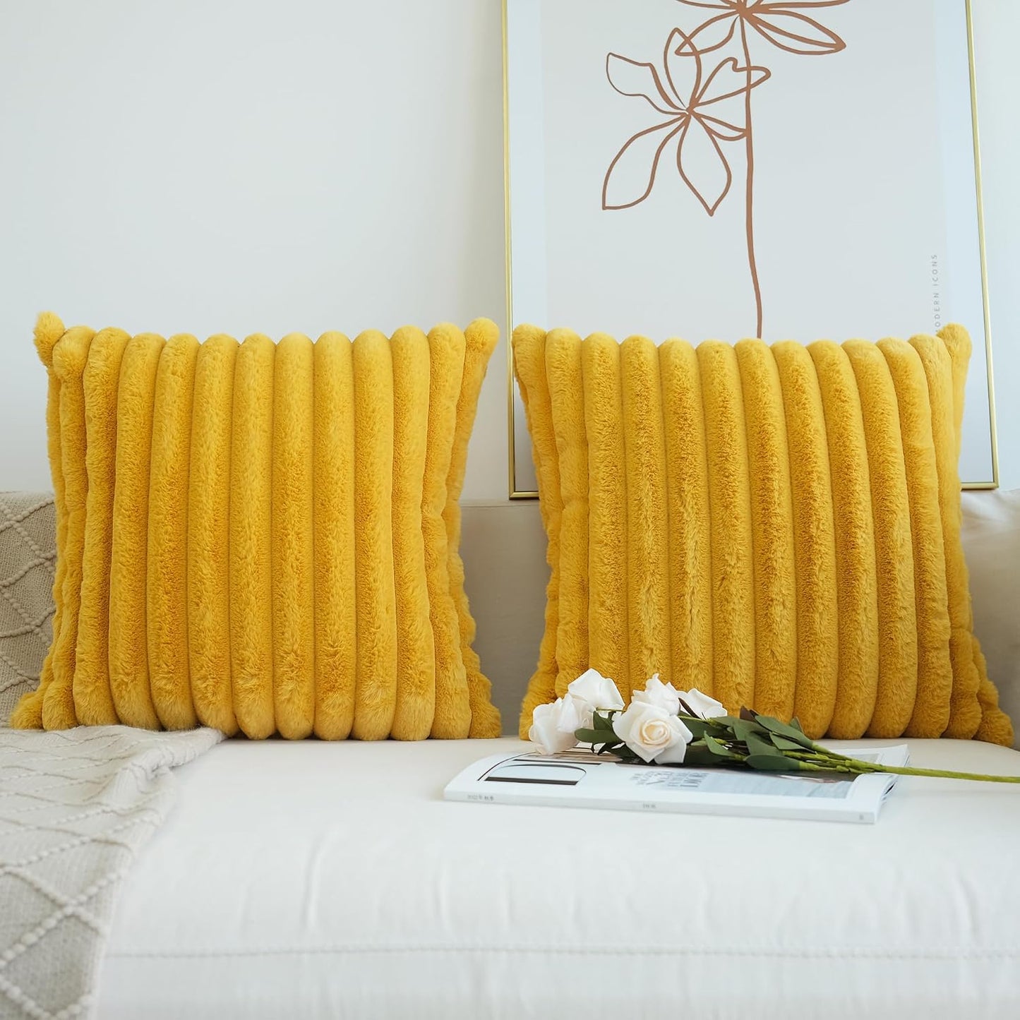 Faux Fur Plush Throw Pillow Covers, Mustard Yellow, 22 x 22-Inch | Pack of 2, Couch Cushion Case, Soft Pillowcases, Decorative
