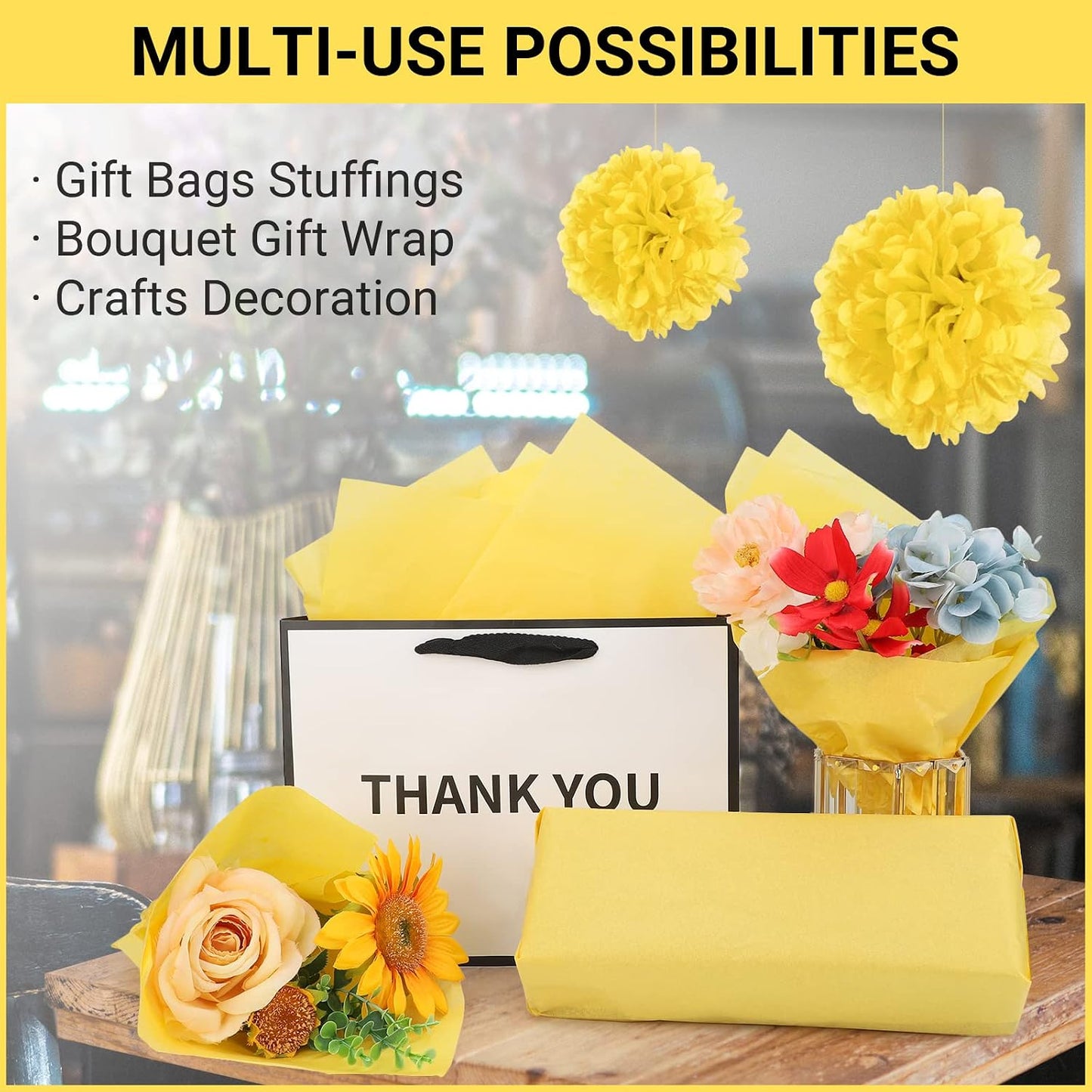 Yellow Tissue Paper, 500 Sheets 14 x 20 Inch Gift Tissues Paper for Gifts Bags Stuffing, Packaging Papers for Bouquet Wrapping, DIY Crafts, Birthday Wedding Party Decor