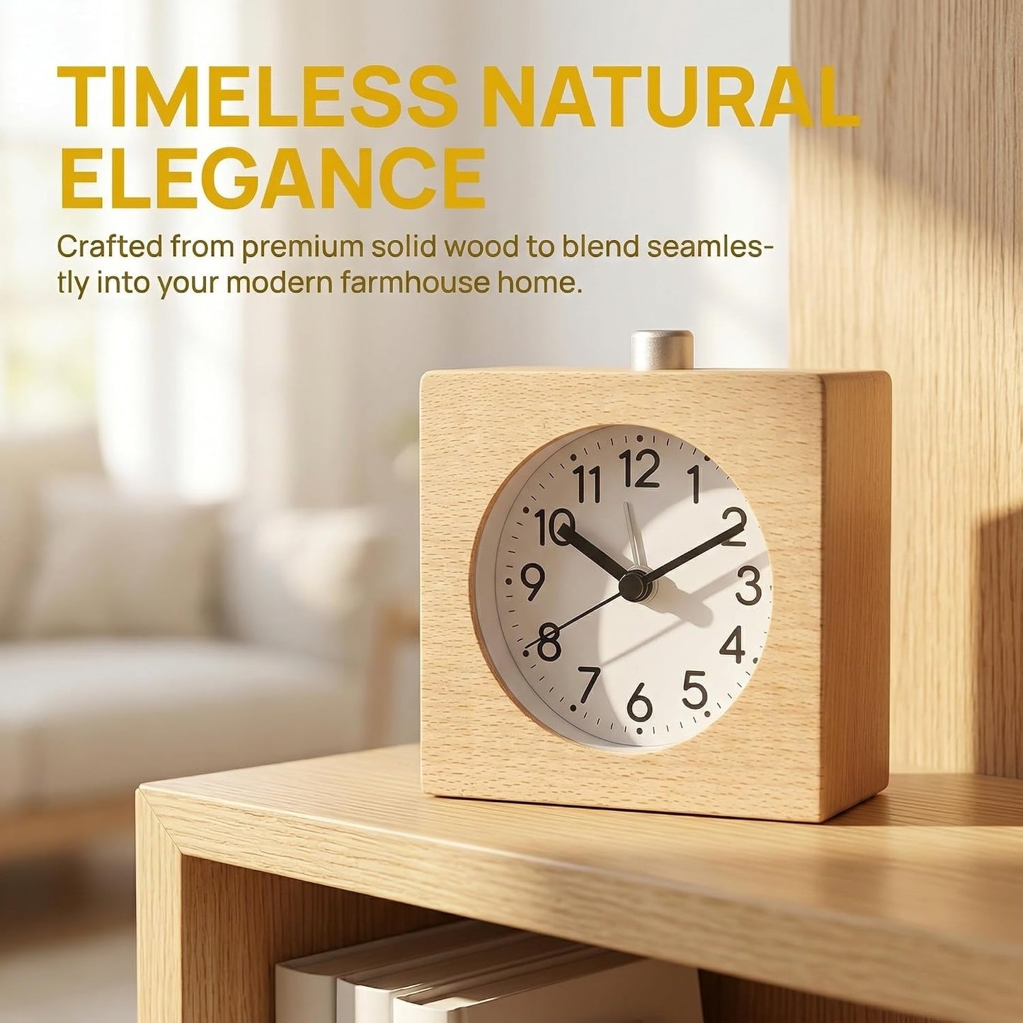 Wooden Alarm Clock Silent Battery Operated with Night Light Snooze | Non-Ticking Wood Body for Heavy Sleepers Bedroom Bedside Yellow
