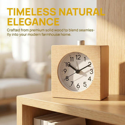 Wooden Alarm Clock Silent Battery Operated with Night Light Snooze | Non-Ticking Wood Body for Heavy Sleepers Bedroom Bedside Yellow