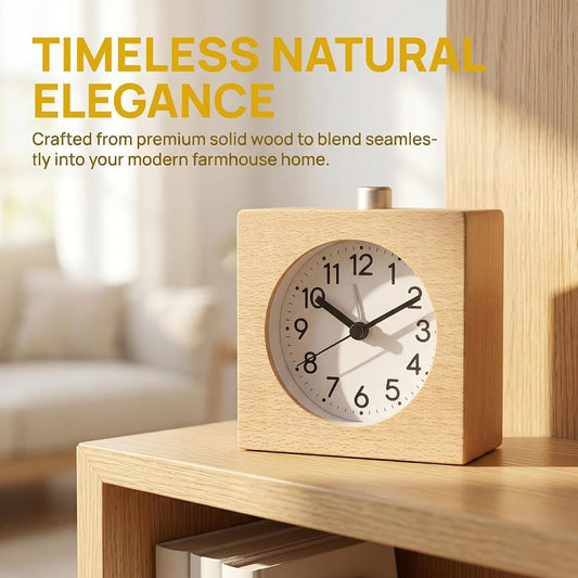 Wooden Alarm Clock Silent Battery Operated with Night Light Snooze | Non-Ticking Wood Body for Heavy Sleepers Bedroom Bedside Yellow