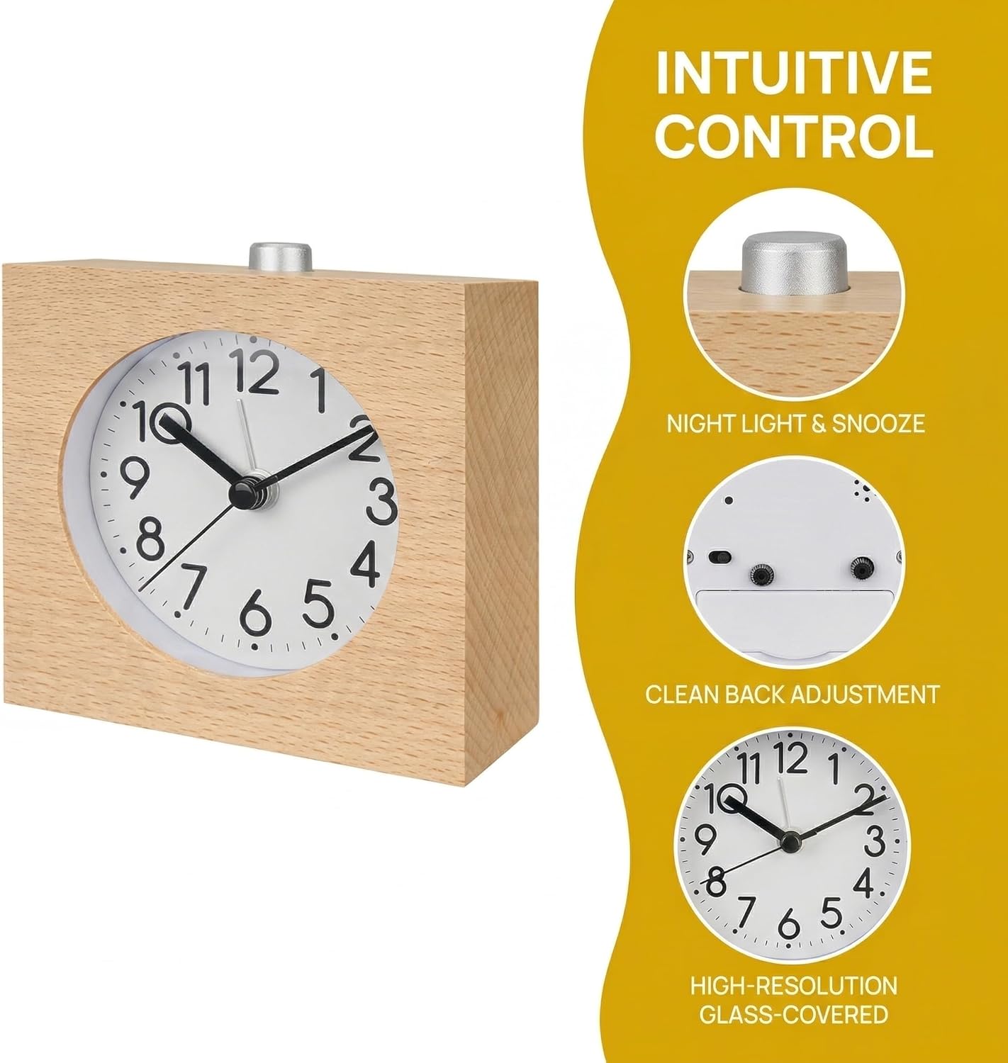 Wooden Alarm Clock Silent Battery Operated with Night Light Snooze | Non-Ticking Wood Body for Heavy Sleepers Bedroom Bedside Yellow