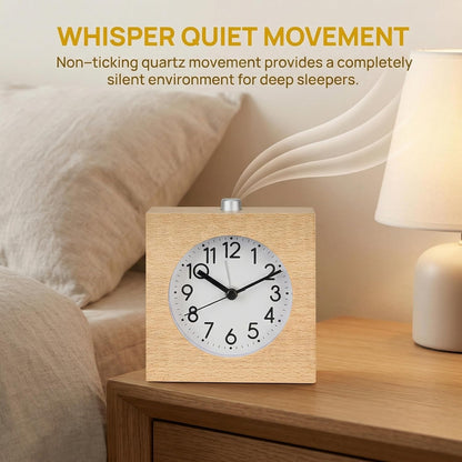 Wooden Alarm Clock Silent Battery Operated with Night Light Snooze | Non-Ticking Wood Body for Heavy Sleepers Bedroom Bedside Yellow