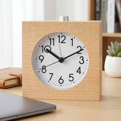 Wooden Alarm Clock Silent Battery Operated with Night Light Snooze | Non-Ticking Wood Body for Heavy Sleepers Bedroom Bedside Yellow
