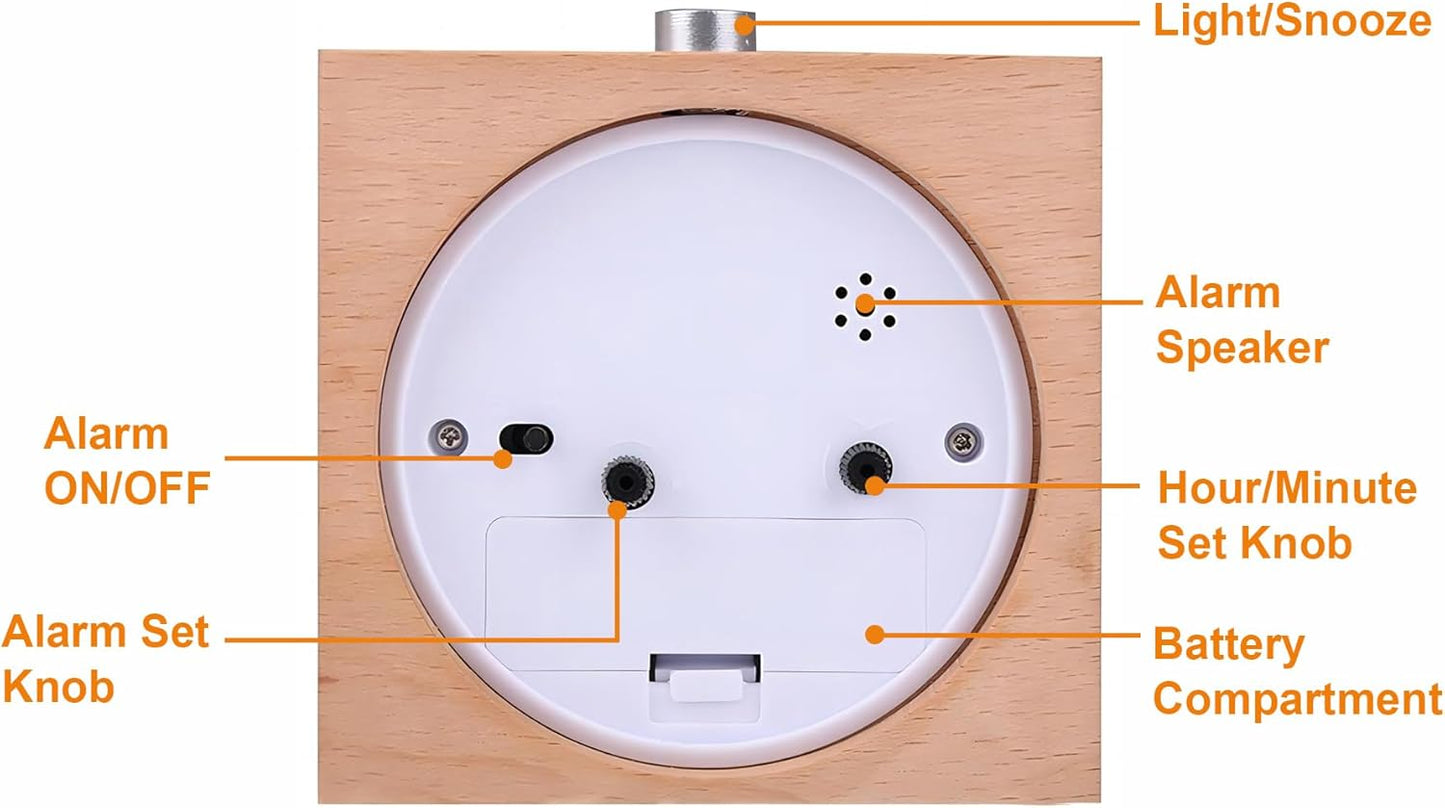 Wooden Alarm Clock Silent Battery Operated with Night Light Snooze | Non-Ticking Wood Body for Heavy Sleepers Bedroom Bedside Yellow