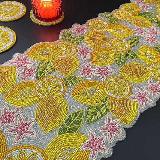 Handmade Lemon & Leaves Beaded Table Runner, 13x36 Inches Lightweight Decorative Table Runner, Perfect For Dining/Wedding/Party/Everyday Use & Easy To Clean, Elegant Beaded Runner (Multicolor)