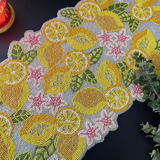 Handmade Lemon & Leaves Beaded Table Runner, 13x36 Inches Lightweight Decorative Table Runner, Perfect For Dining/Wedding/Party/Everyday Use & Easy To Clean, Elegant Beaded Runner (Multicolor)