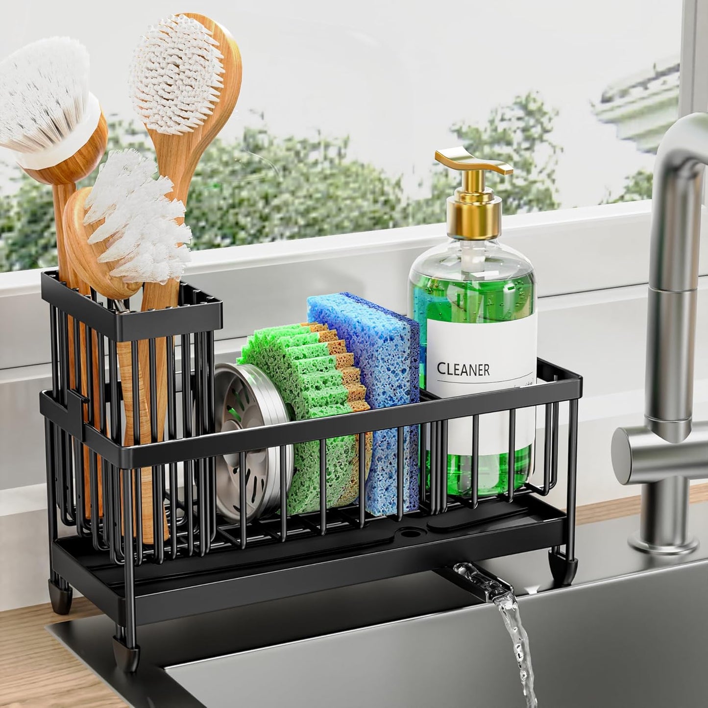 Cisily Sponge Holder for Kitchen Sink, Sink Caddy Organizer with High Brush Holder, Kitchen Countertop Organizers and Storage Essentials, Rustproof 304 Stainless Steel (Yellow, 9.25″)