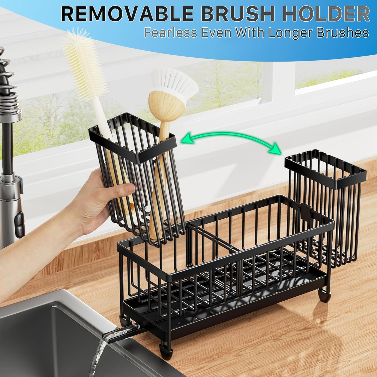 Cisily Sponge Holder for Kitchen Sink, Sink Caddy Organizer with High Brush Holder, Kitchen Countertop Organizers and Storage Essentials, Rustproof 304 Stainless Steel (Yellow, 9.25″)