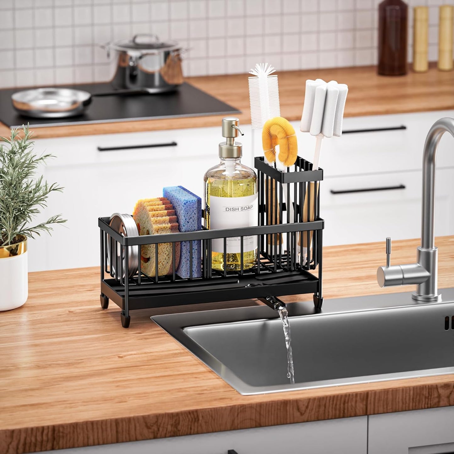 Cisily Sponge Holder for Kitchen Sink, Sink Caddy Organizer with High Brush Holder, Kitchen Countertop Organizers and Storage Essentials, Rustproof 304 Stainless Steel (Yellow, 9.25″)