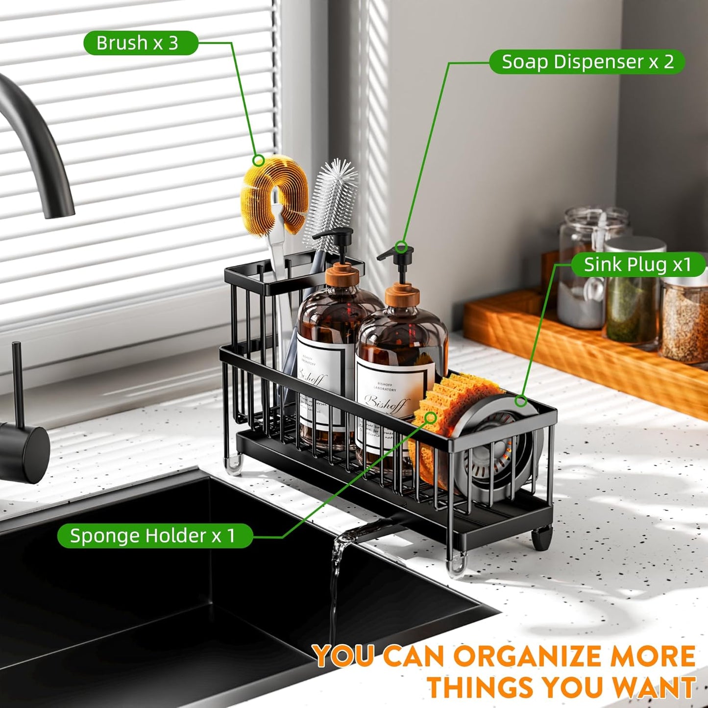 Cisily Sponge Holder for Kitchen Sink, Sink Caddy Organizer with High Brush Holder, Kitchen Countertop Organizers and Storage Essentials, Rustproof 304 Stainless Steel (Yellow, 9.25″)