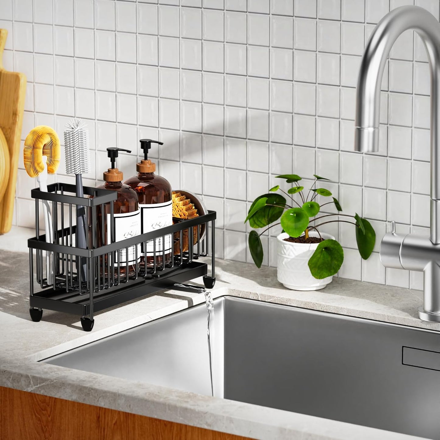 Cisily Sponge Holder for Kitchen Sink, Sink Caddy Organizer with High Brush Holder, Kitchen Countertop Organizers and Storage Essentials, Rustproof 304 Stainless Steel (Yellow, 9.25″)