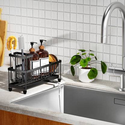 Cisily Sponge Holder for Kitchen Sink, Sink Caddy Organizer with High Brush Holder, Kitchen Countertop Organizers and Storage Essentials, Rustproof 304 Stainless Steel (Yellow, 9.25″)