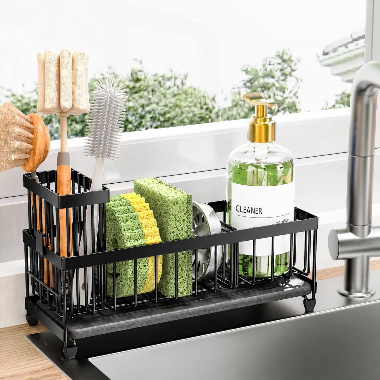 Cisily Sponge Holder for Kitchen Sink, Sink Caddy Organizer with High Brush Holder, Kitchen Countertop Organizers and Storage Essentials, Rustproof 304 Stainless Steel (Yellow, 9.25″)