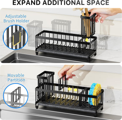 Cisily Sponge Holder for Kitchen Sink, Sink Caddy Organizer with High Brush Holder, Kitchen Countertop Organizers and Storage Essentials, Rustproof 304 Stainless Steel (Yellow, 9.25″)