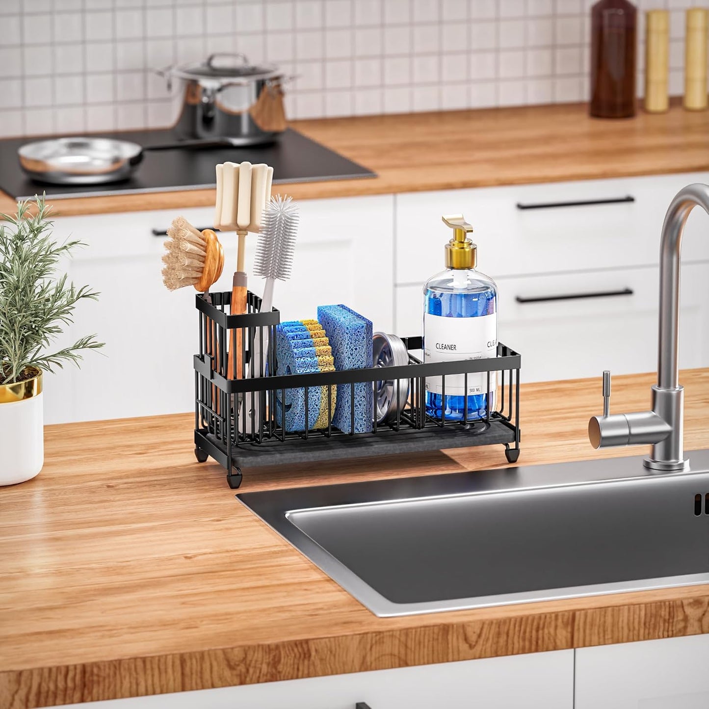 Cisily Sponge Holder for Kitchen Sink, Sink Caddy Organizer with High Brush Holder, Kitchen Countertop Organizers and Storage Essentials, Rustproof 304 Stainless Steel (Yellow, 9.25″)
