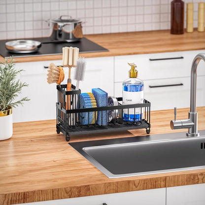 Cisily Sponge Holder for Kitchen Sink, Sink Caddy Organizer with High Brush Holder, Kitchen Countertop Organizers and Storage Essentials, Rustproof 304 Stainless Steel (Yellow, 9.25″)