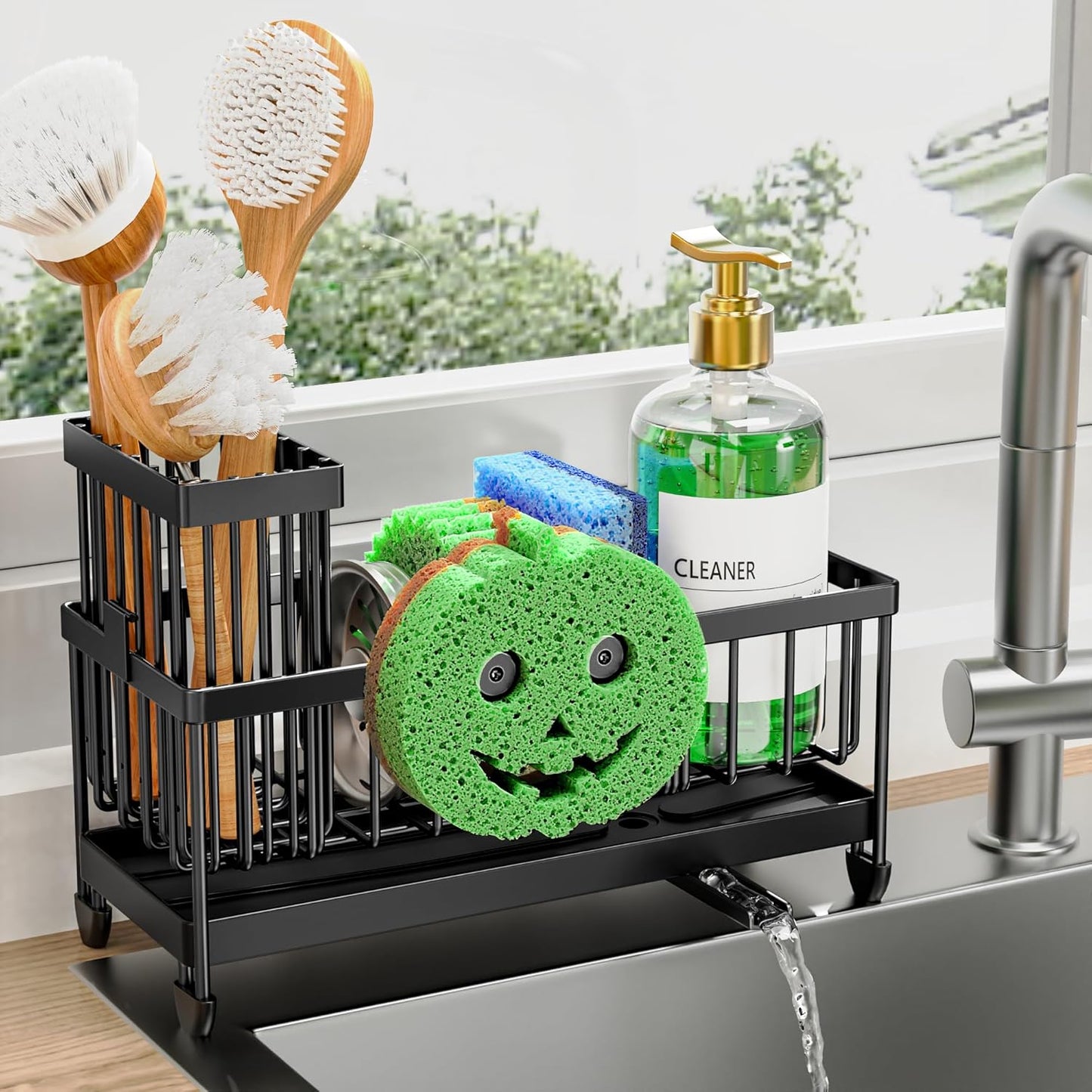 Cisily Sponge Holder for Kitchen Sink, Sink Caddy Organizer with High Brush Holder, Kitchen Countertop Organizers and Storage Essentials, Rustproof 304 Stainless Steel (Yellow, 9.25″)