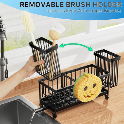 Cisily Sponge Holder for Kitchen Sink, Sink Caddy Organizer with High Brush Holder, Kitchen Countertop Organizers and Storage Essentials, Rustproof 304 Stainless Steel (Yellow, 9.25″)