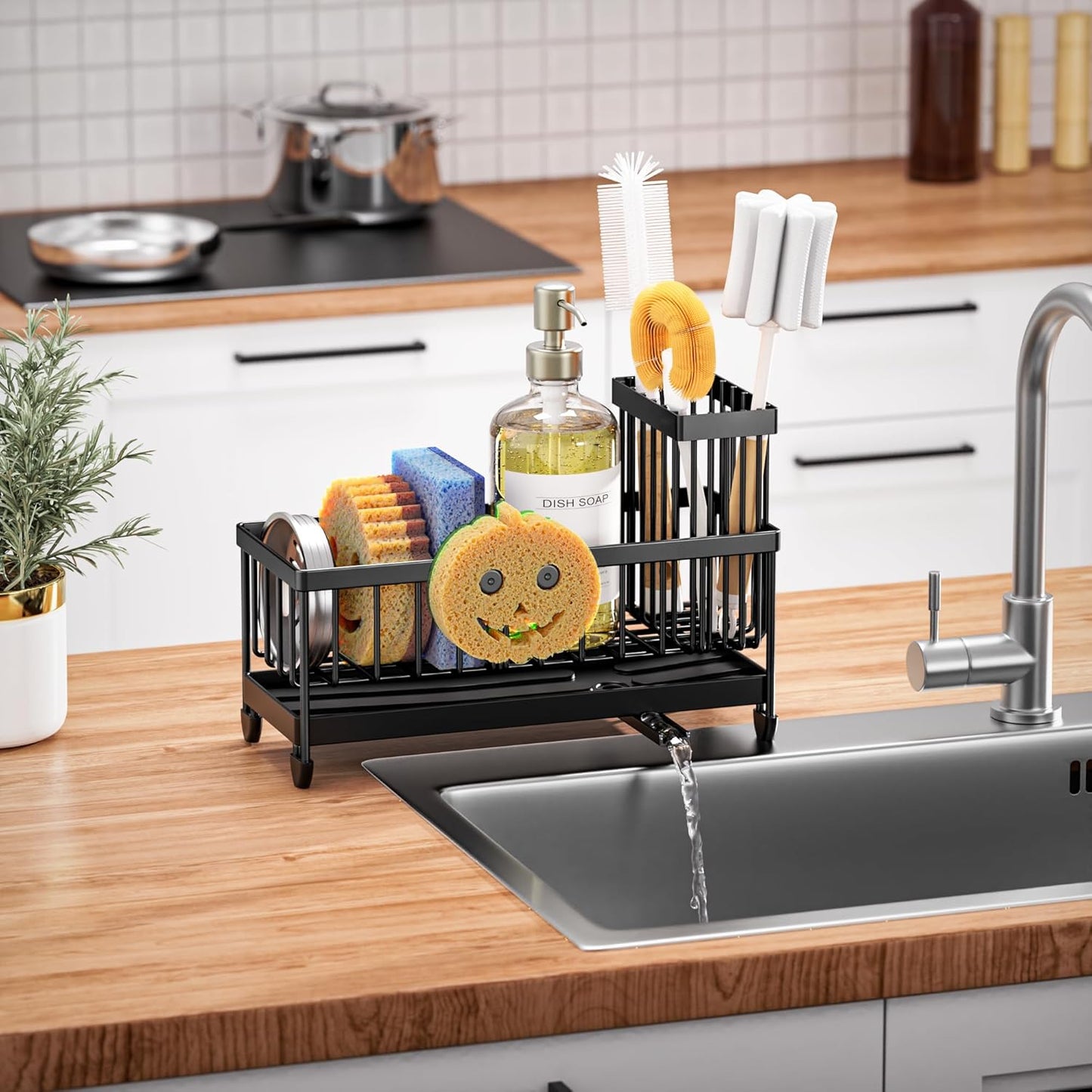 Cisily Sponge Holder for Kitchen Sink, Sink Caddy Organizer with High Brush Holder, Kitchen Countertop Organizers and Storage Essentials, Rustproof 304 Stainless Steel (Yellow, 9.25″)
