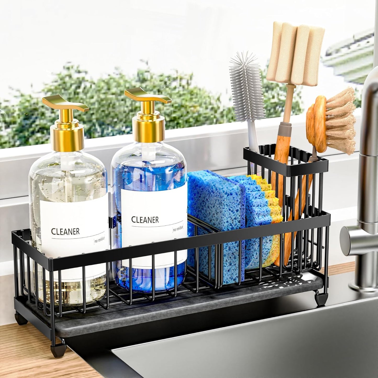 Cisily Sponge Holder for Kitchen Sink, Sink Caddy Organizer with High Brush Holder, Kitchen Countertop Organizers and Storage Essentials, Rustproof 304 Stainless Steel (Yellow, 9.25″)