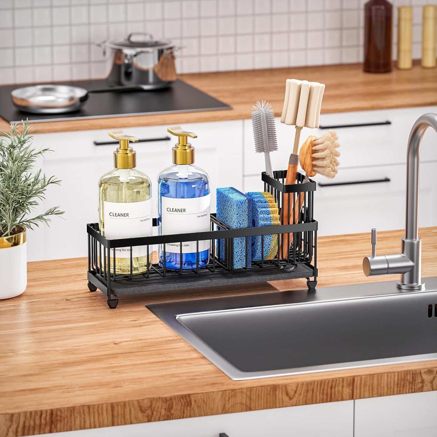 Cisily Sponge Holder for Kitchen Sink, Sink Caddy Organizer with High Brush Holder, Kitchen Countertop Organizers and Storage Essentials, Rustproof 304 Stainless Steel (Yellow, 9.25″)