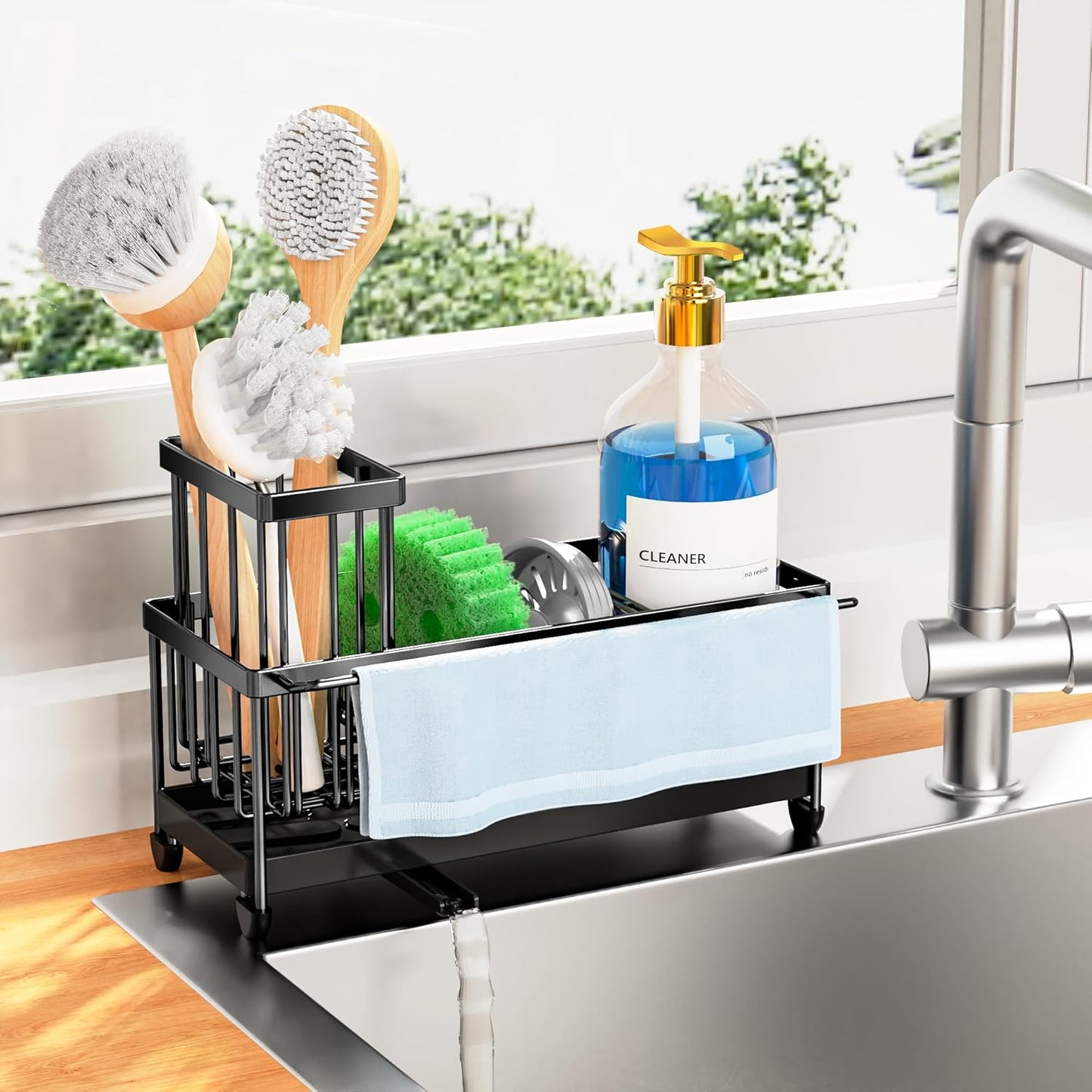Cisily Sponge Holder for Kitchen Sink, Sink Caddy Organizer with High Brush Holder, Kitchen Countertop Organizers and Storage Essentials, Rustproof 304 Stainless Steel (Yellow, 9.25″)