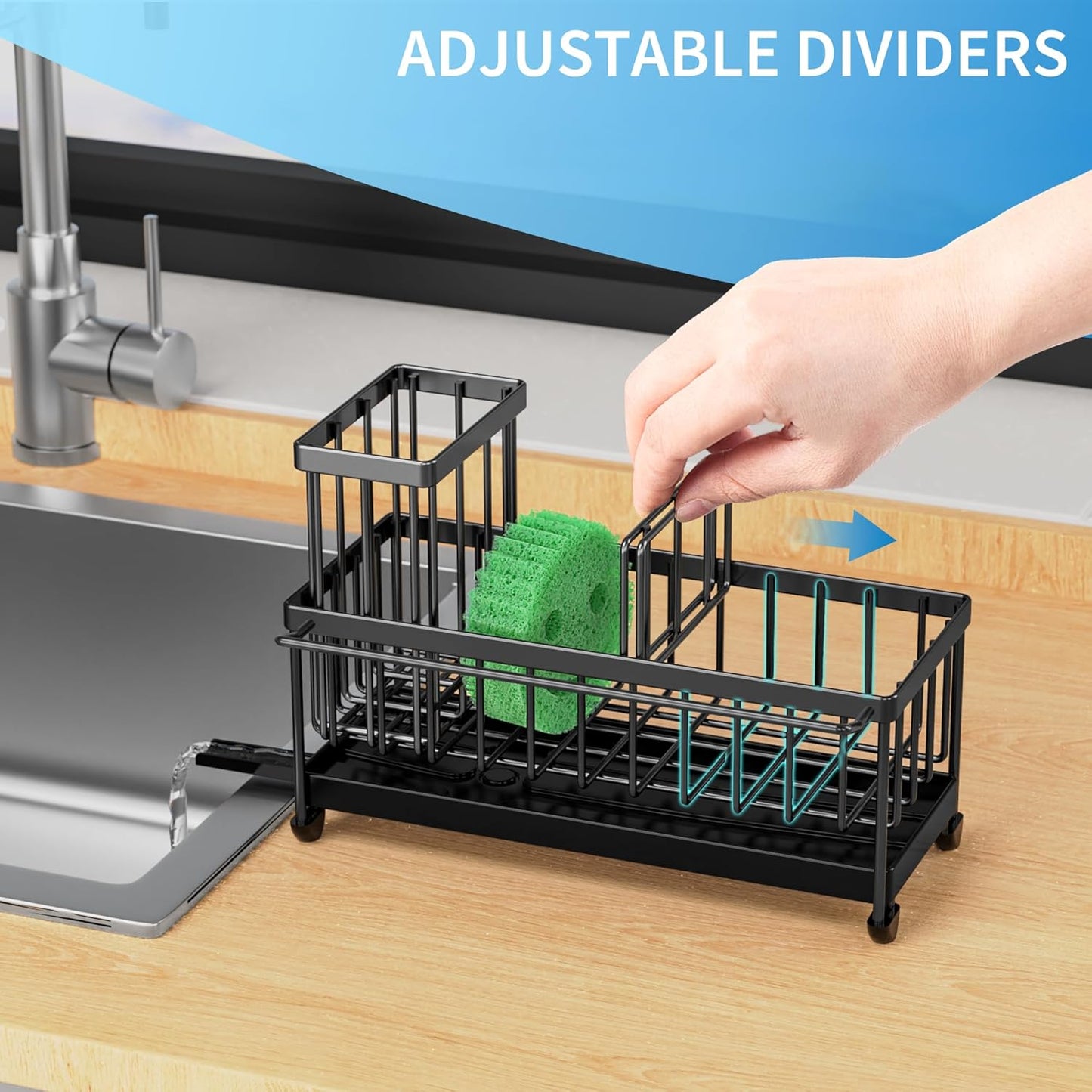 Cisily Sponge Holder for Kitchen Sink, Sink Caddy Organizer with High Brush Holder, Kitchen Countertop Organizers and Storage Essentials, Rustproof 304 Stainless Steel (Yellow, 9.25″)