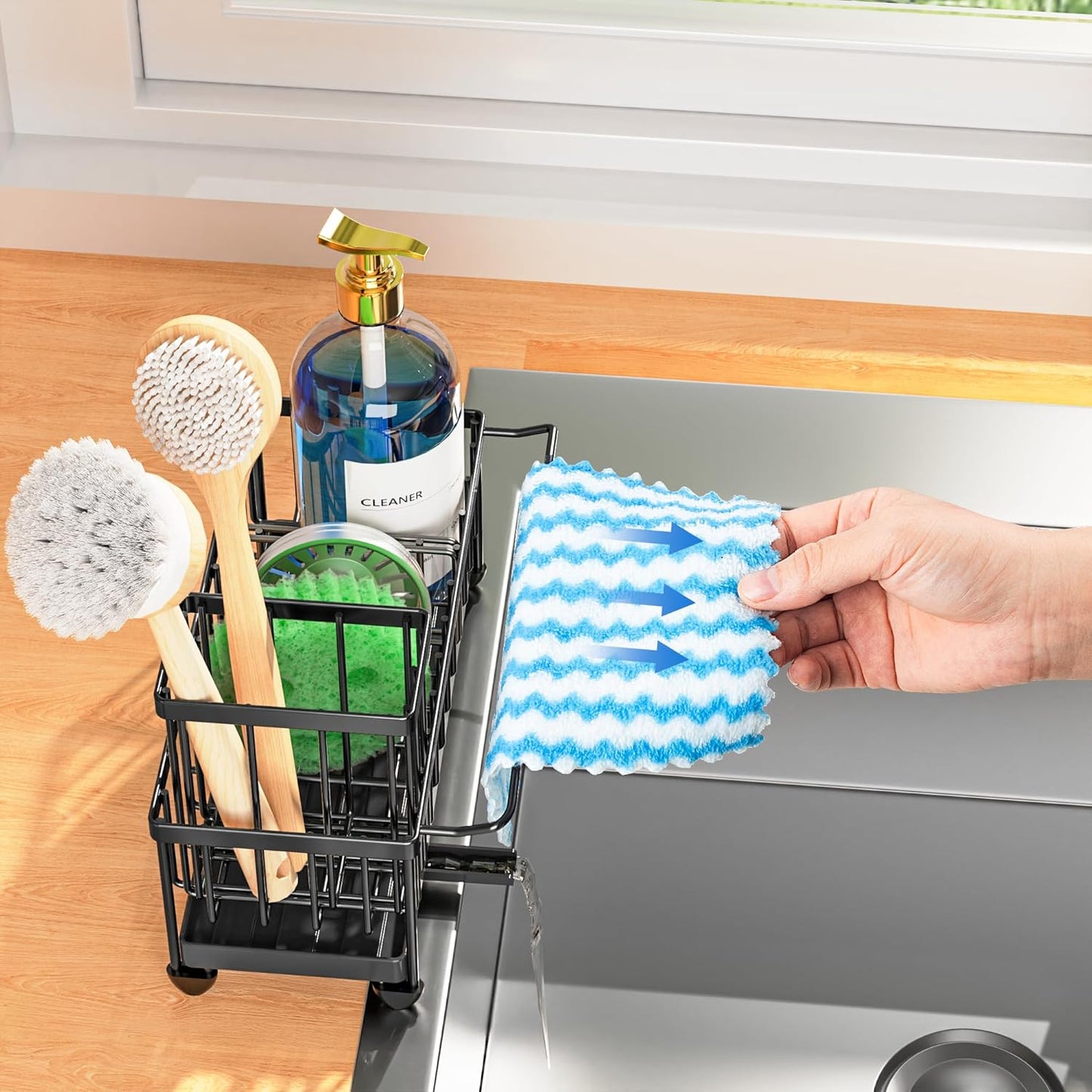 Cisily Sponge Holder for Kitchen Sink, Sink Caddy Organizer with High Brush Holder, Kitchen Countertop Organizers and Storage Essentials, Rustproof 304 Stainless Steel (Yellow, 9.25″)