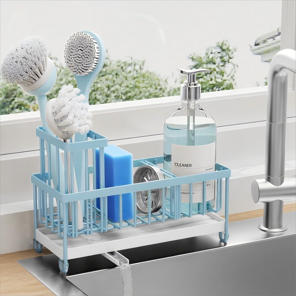Cisily Sponge Holder for Kitchen Sink, Sink Caddy Organizer with High Brush Holder, Kitchen Countertop Organizers and Storage Essentials, Rustproof 304 Stainless Steel (Yellow, 9.25″)
