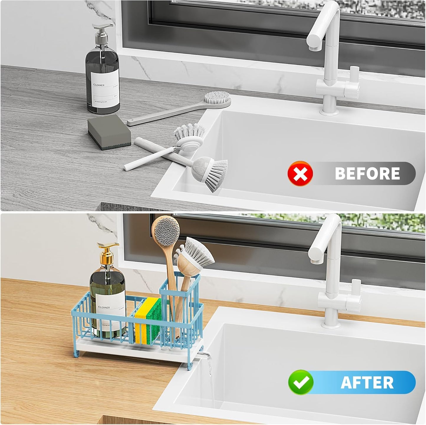 Cisily Sponge Holder for Kitchen Sink, Sink Caddy Organizer with High Brush Holder, Kitchen Countertop Organizers and Storage Essentials, Rustproof 304 Stainless Steel (Yellow, 9.25″)