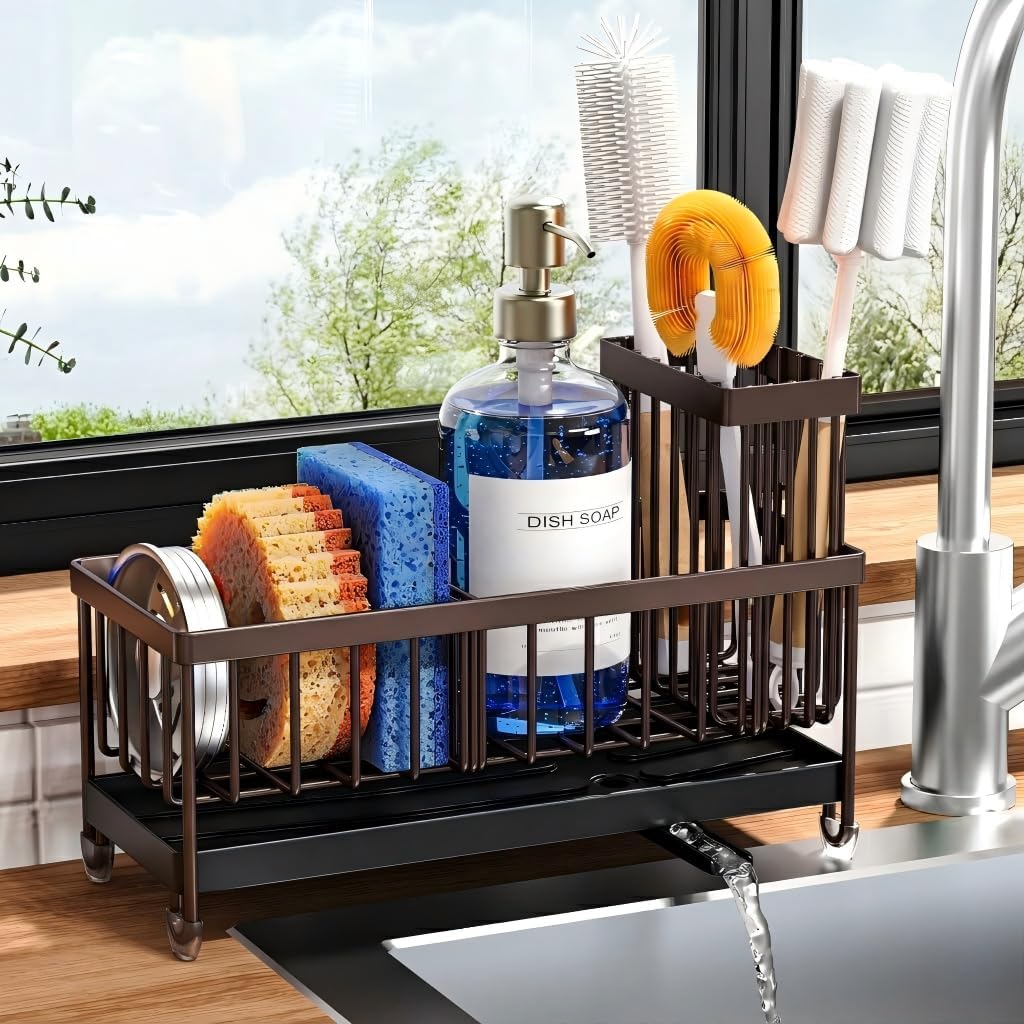 Cisily Sponge Holder for Kitchen Sink, Sink Caddy Organizer with High Brush Holder, Kitchen Countertop Organizers and Storage Essentials, Rustproof 304 Stainless Steel (Yellow, 9.25″)