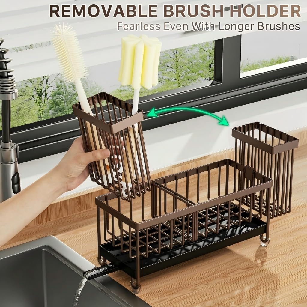 Cisily Sponge Holder for Kitchen Sink, Sink Caddy Organizer with High Brush Holder, Kitchen Countertop Organizers and Storage Essentials, Rustproof 304 Stainless Steel (Yellow, 9.25″)