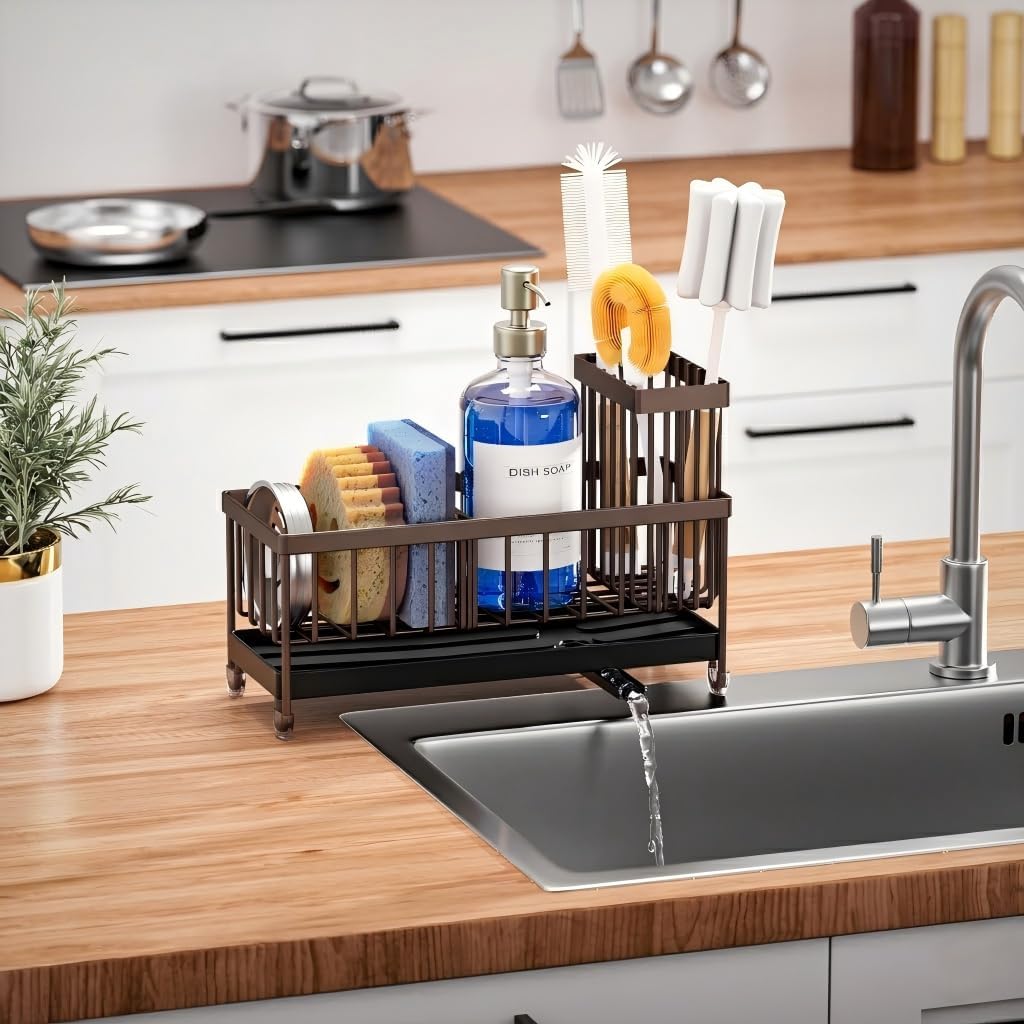 Cisily Sponge Holder for Kitchen Sink, Sink Caddy Organizer with High Brush Holder, Kitchen Countertop Organizers and Storage Essentials, Rustproof 304 Stainless Steel (Yellow, 9.25″)