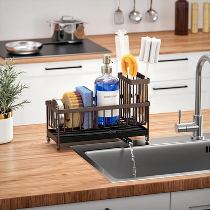 Cisily Sponge Holder for Kitchen Sink, Sink Caddy Organizer with High Brush Holder, Kitchen Countertop Organizers and Storage Essentials, Rustproof 304 Stainless Steel (Yellow, 9.25″)