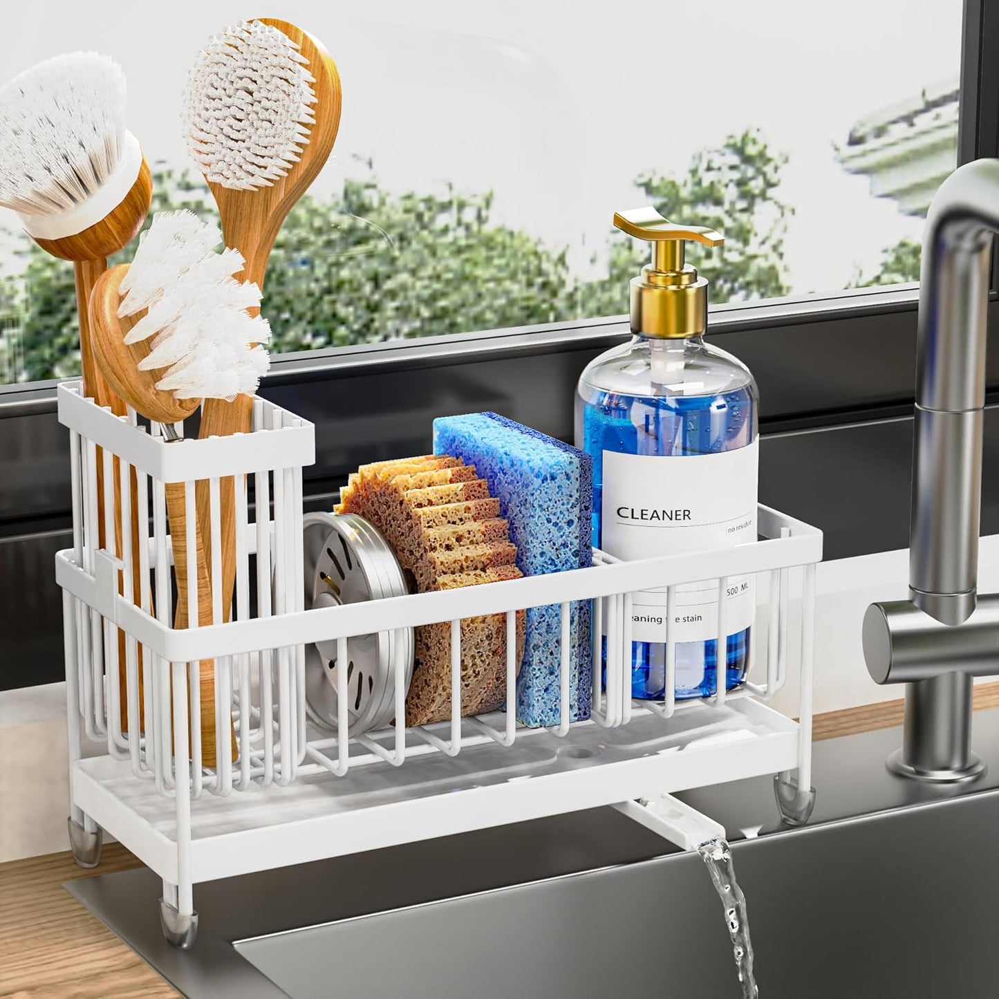 Cisily Sponge Holder for Kitchen Sink, Sink Caddy Organizer with High Brush Holder, Kitchen Countertop Organizers and Storage Essentials, Rustproof 304 Stainless Steel (Yellow, 9.25″)