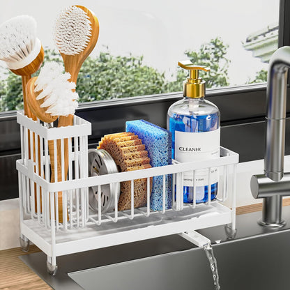 Cisily Sponge Holder for Kitchen Sink, Sink Caddy Organizer with High Brush Holder, Kitchen Countertop Organizers and Storage Essentials, Rustproof 304 Stainless Steel (Yellow, 9.25″)