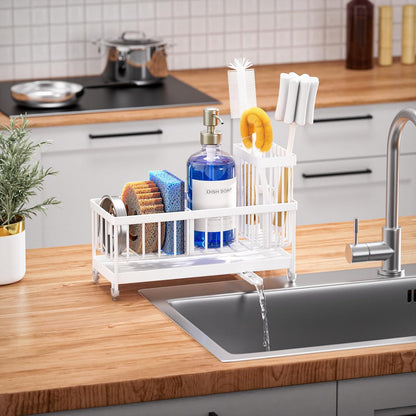 Cisily Sponge Holder for Kitchen Sink, Sink Caddy Organizer with High Brush Holder, Kitchen Countertop Organizers and Storage Essentials, Rustproof 304 Stainless Steel (Yellow, 9.25″)