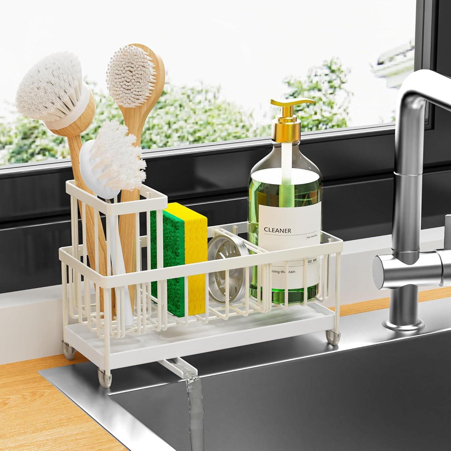 Cisily Sponge Holder for Kitchen Sink, Sink Caddy Organizer with High Brush Holder, Kitchen Countertop Organizers and Storage Essentials, Rustproof 304 Stainless Steel (Yellow, 9.25″)