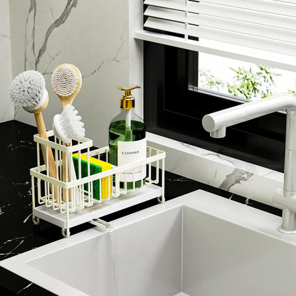 Cisily Sponge Holder for Kitchen Sink, Sink Caddy Organizer with High Brush Holder, Kitchen Countertop Organizers and Storage Essentials, Rustproof 304 Stainless Steel (Yellow, 9.25″)