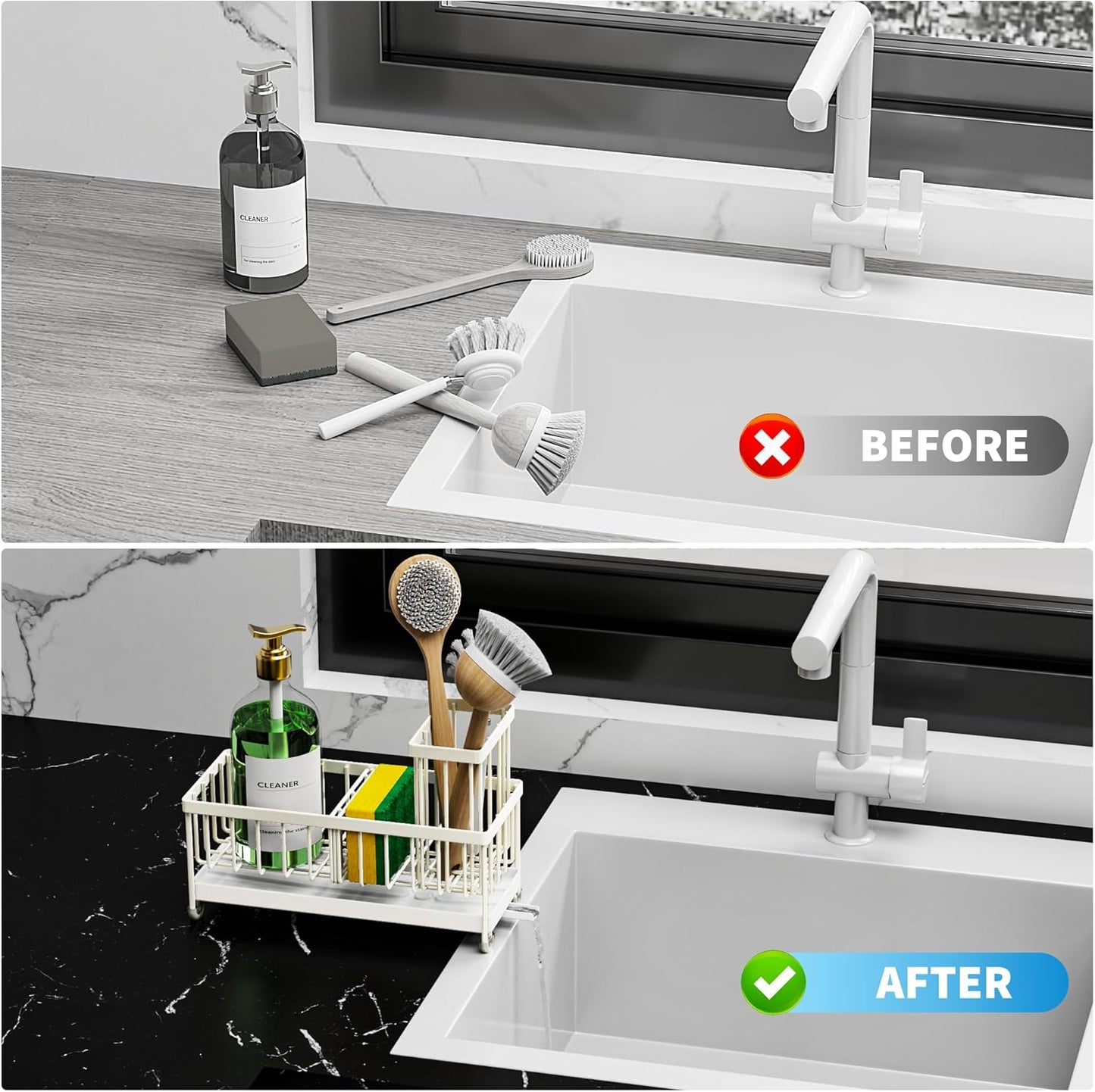 Cisily Sponge Holder for Kitchen Sink, Sink Caddy Organizer with High Brush Holder, Kitchen Countertop Organizers and Storage Essentials, Rustproof 304 Stainless Steel (Yellow, 9.25″)