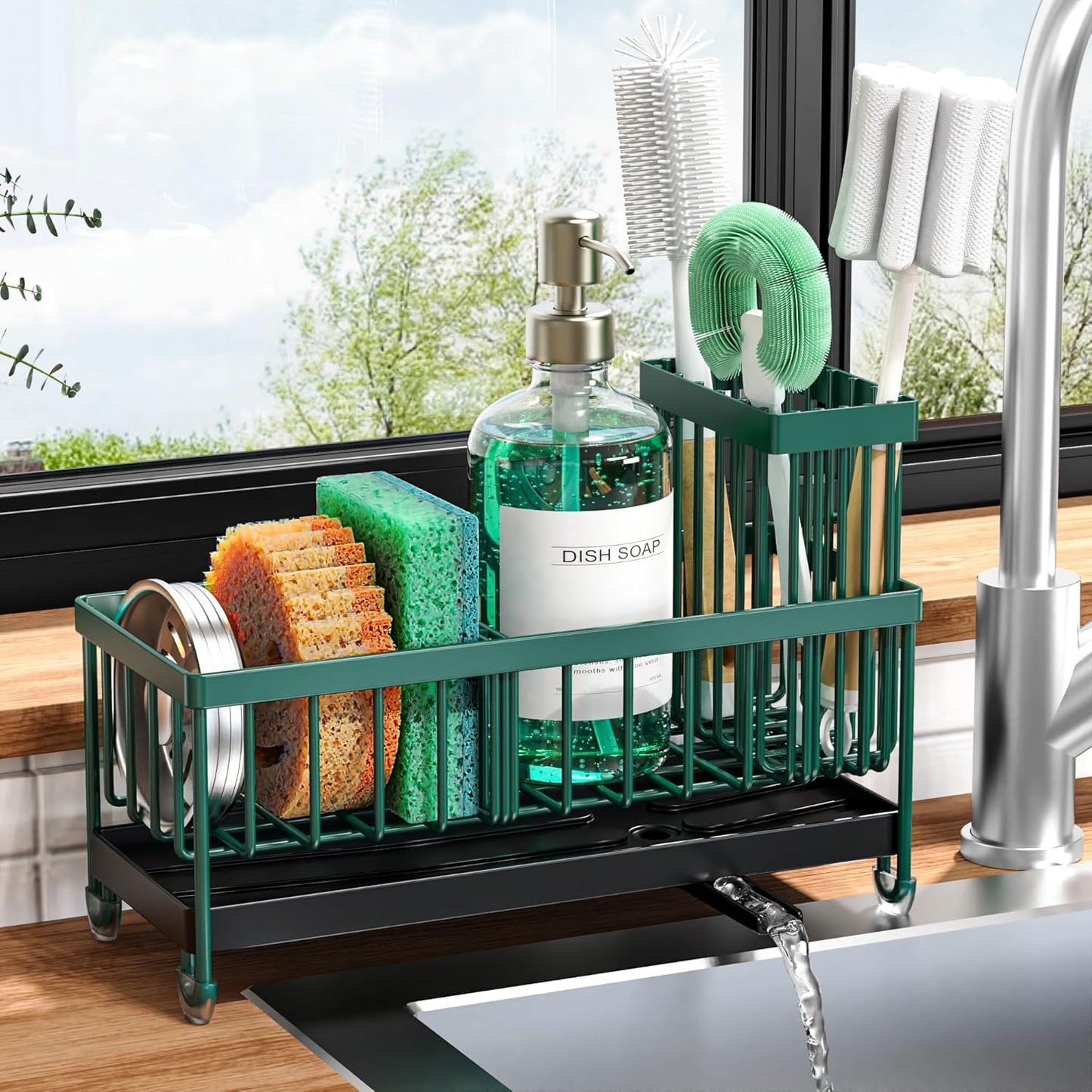 Cisily Sponge Holder for Kitchen Sink, Sink Caddy Organizer with High Brush Holder, Kitchen Countertop Organizers and Storage Essentials, Rustproof 304 Stainless Steel (Yellow, 9.25″)