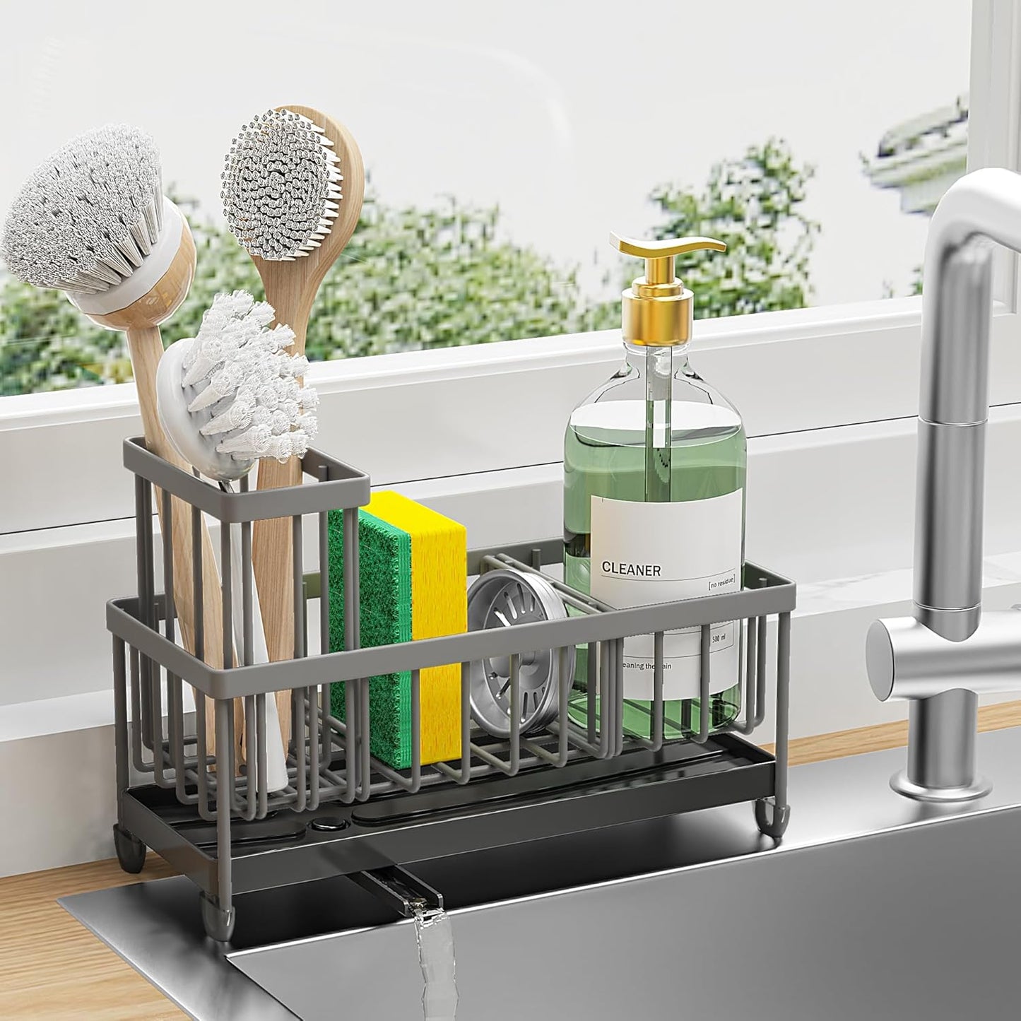 Cisily Sponge Holder for Kitchen Sink, Sink Caddy Organizer with High Brush Holder, Kitchen Countertop Organizers and Storage Essentials, Rustproof 304 Stainless Steel (Yellow, 9.25″)